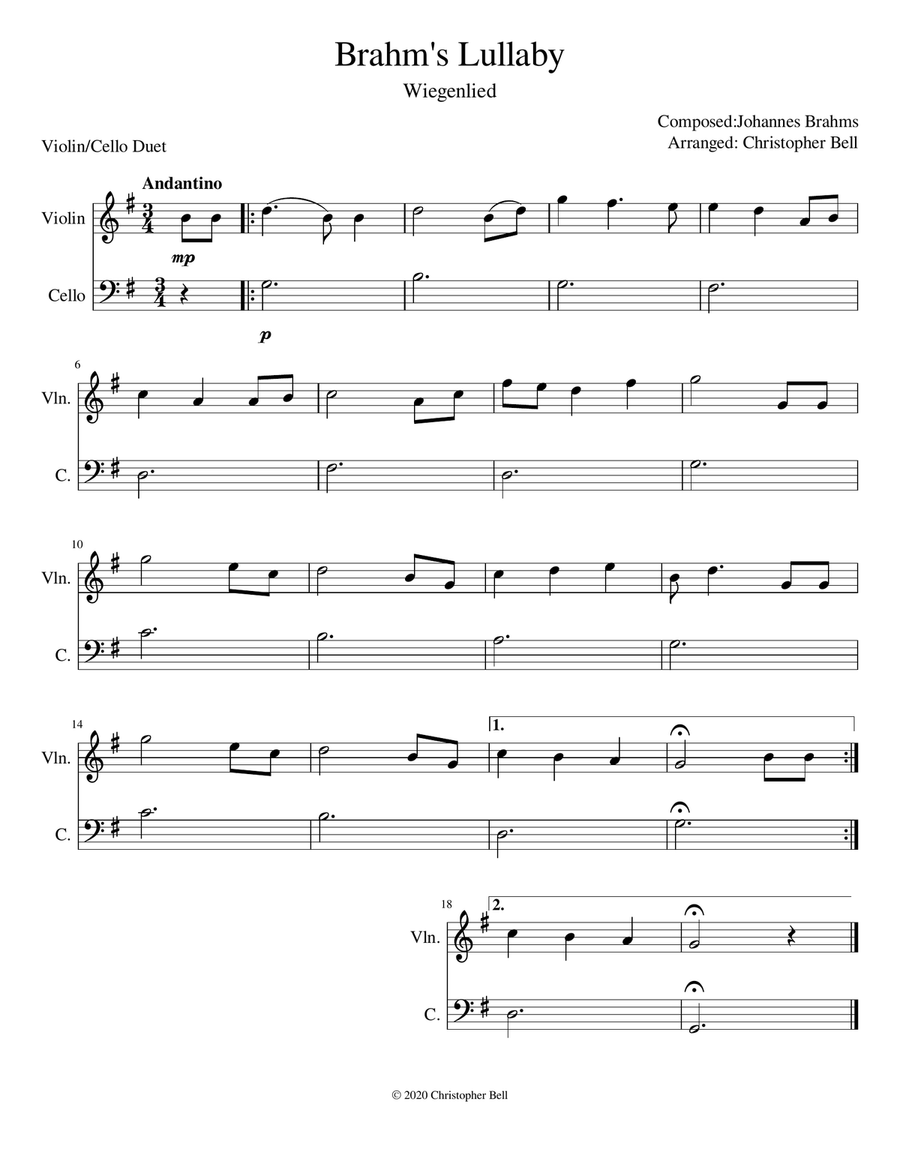 Brahms Lullaby - Easy Violin/Cello Duet image number null