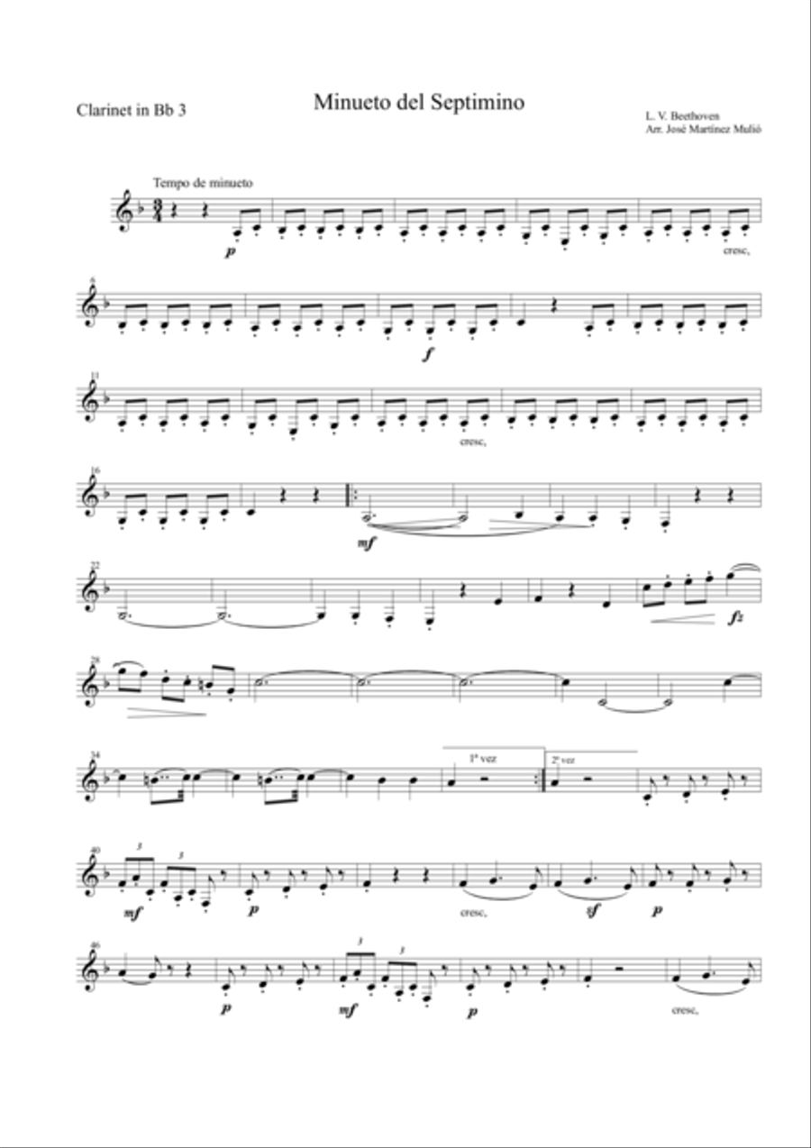 Minuet of Septet in E flat major Op. 20. Ludwig Van Beethoven. Woodwind Quartet scores gallery preview page 1