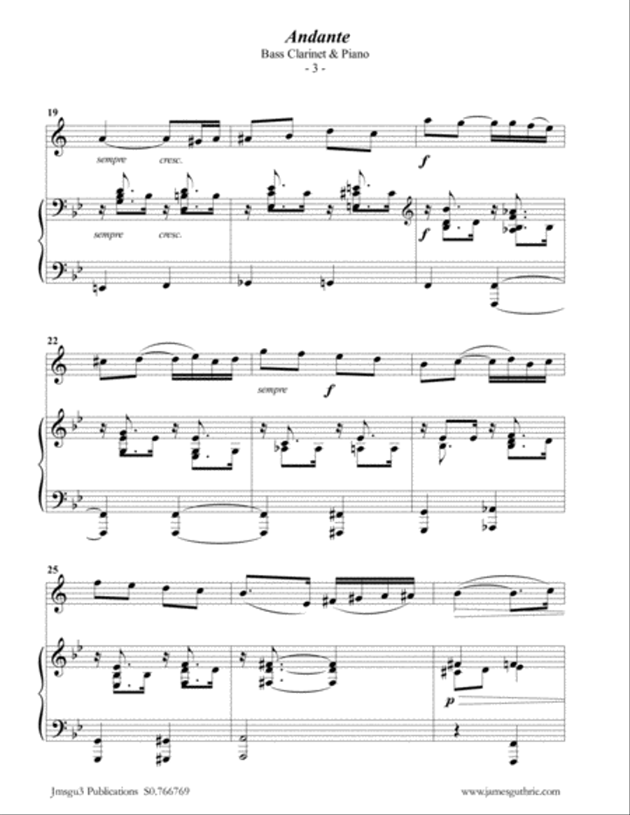 Fauré: Andante Op. 75 for Bass Clarinet & Piano Bass Clarinet scores gallery preview page 3