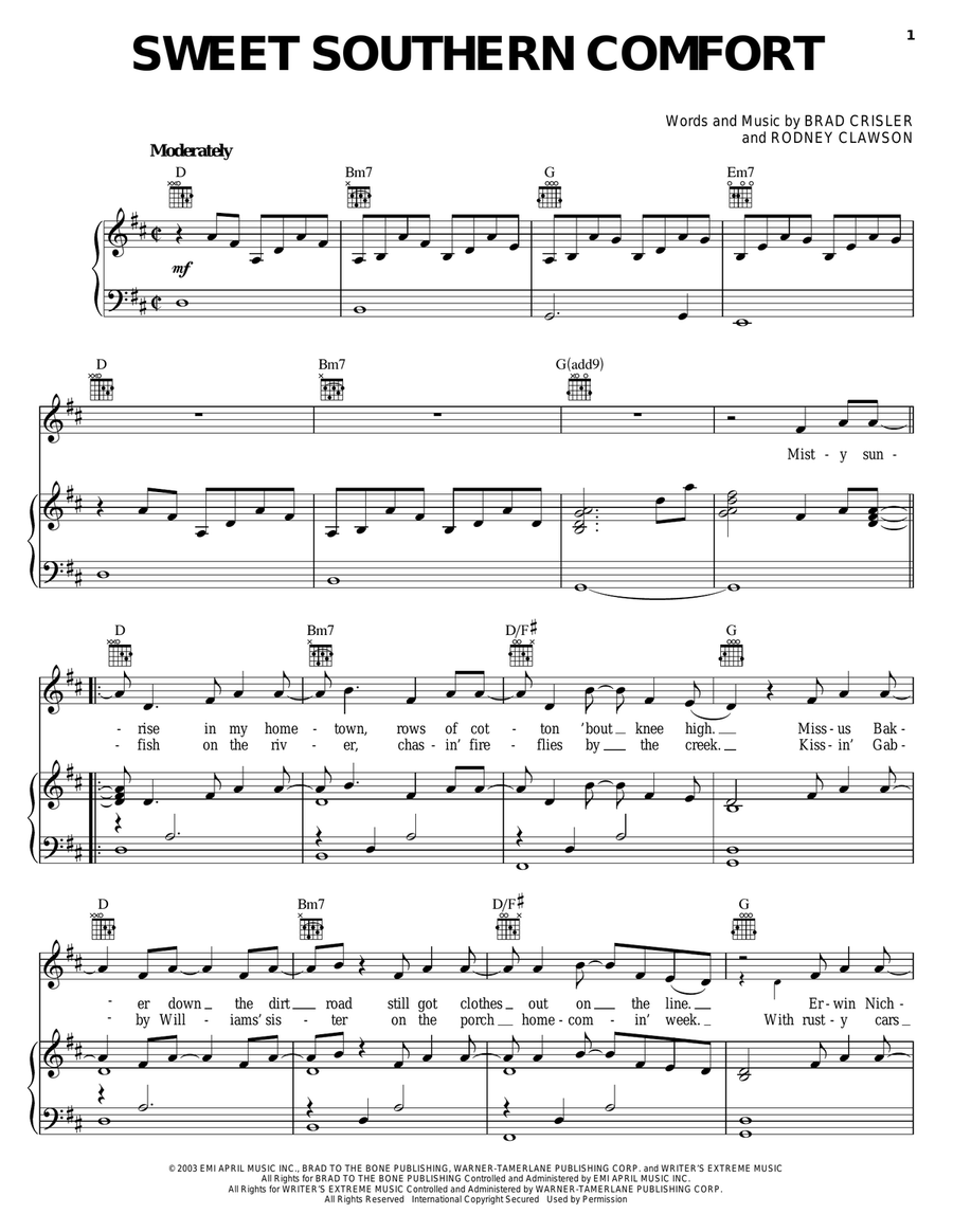 Sweet Southern Comfort Piano, Vocal, Guitar scores gallery preview page 1