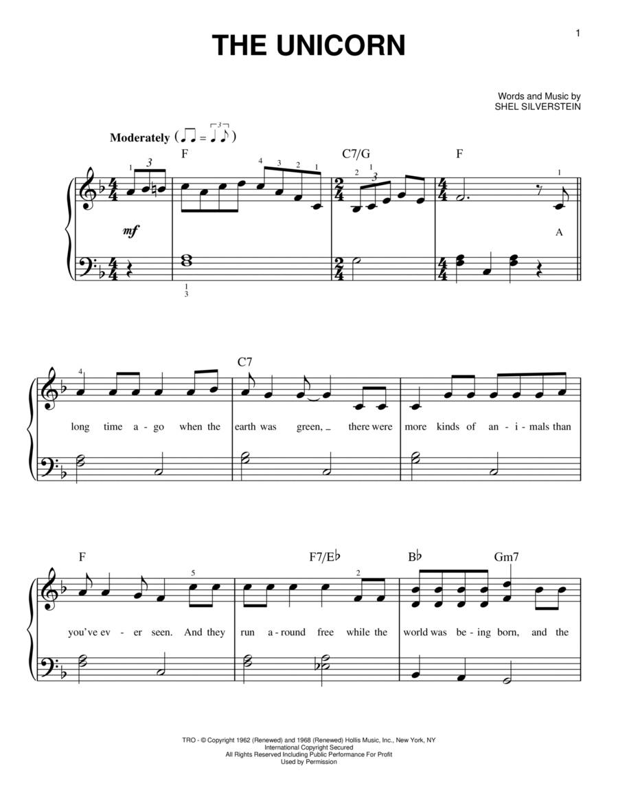 The Unicorn The Unicorn Easy Piano scores gallery preview page 1