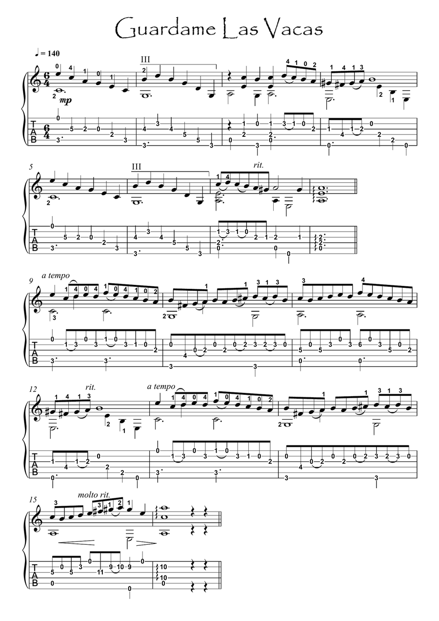 Guardame Las Vacas guitar solo Guardame Las Vacas guitar solo Classical Guitar scores gallery preview page 1