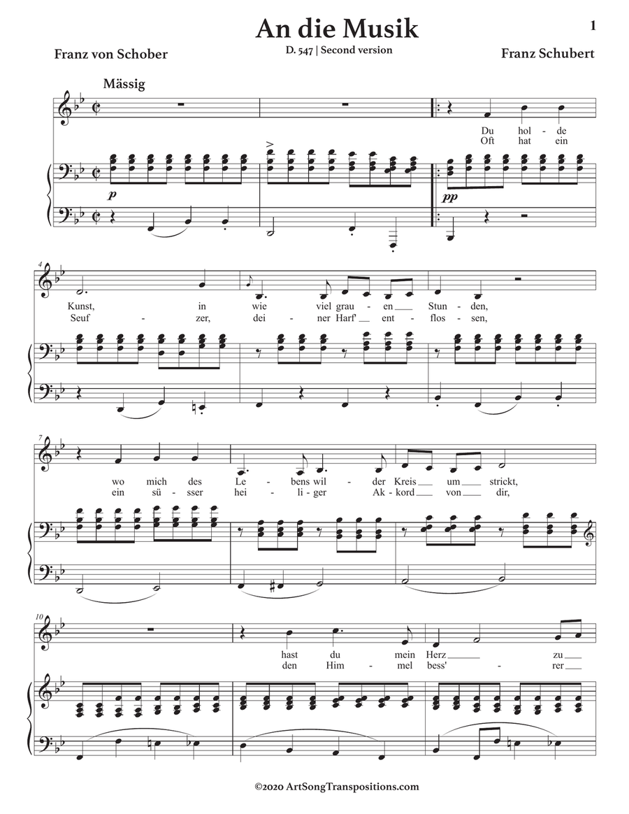 SCHUBERT: An die Musik, D. 547 (transposed to B-flat major) Piano, Vocal scores gallery preview page 2