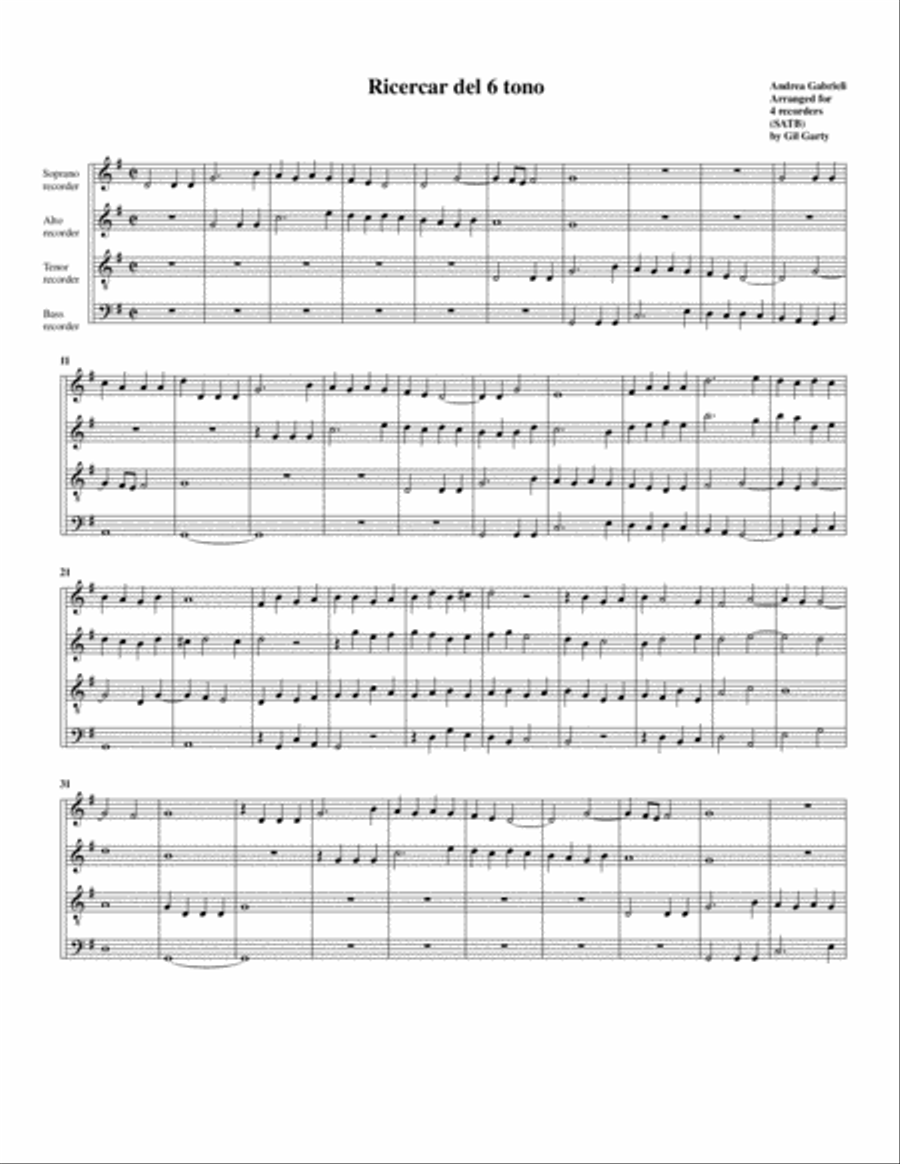 Ricercar del 6 tono (arrangement for 4 recorders) Recorder scores gallery preview page 1