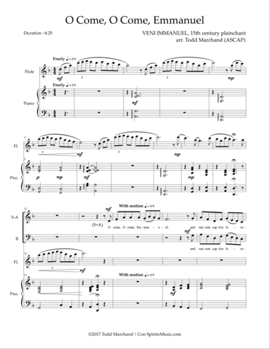 O Come, O Come, Emmanuel - SAB voices, piano, flute image number null
