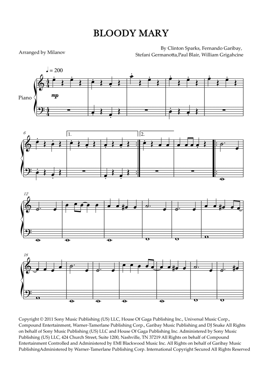 Bloody Mary Easy Piano scores gallery preview page 1