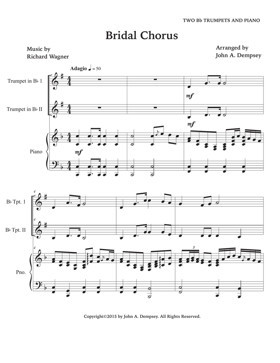 Bridal March (Here Comes the Bride): Wedding Trio for Two Trumpets and Piano Trumpet Duet scores gallery preview page 5