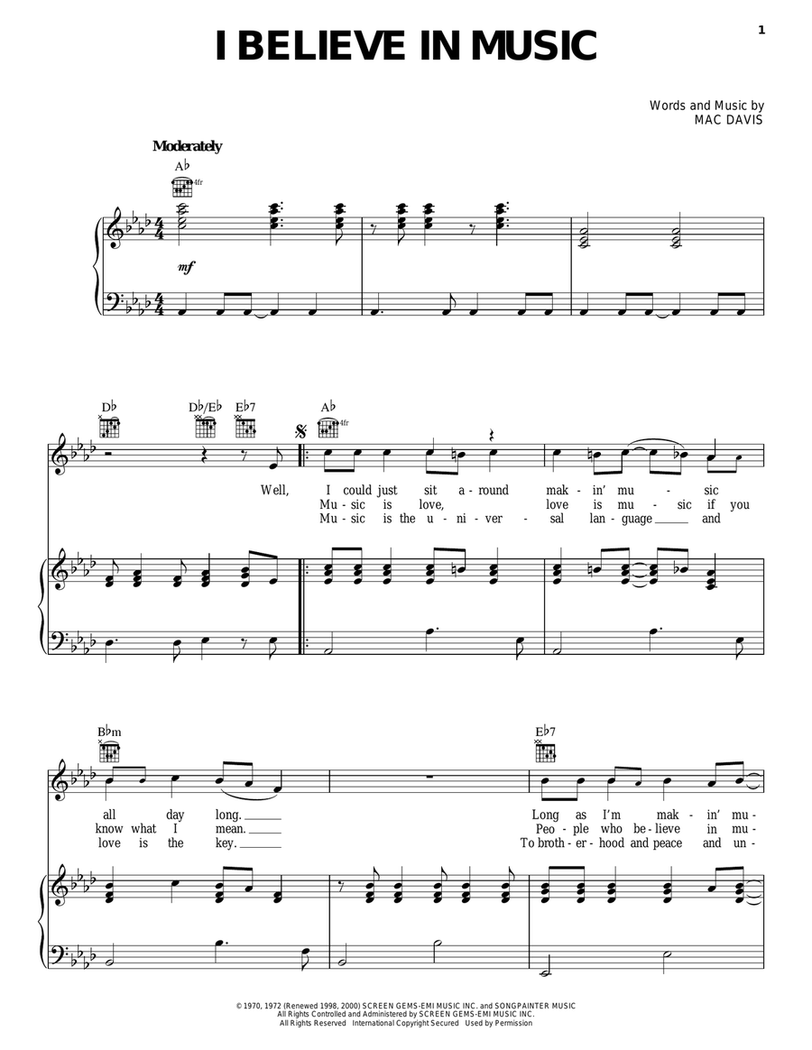 I Believe In Music Piano, Vocal, Guitar scores gallery preview page 1