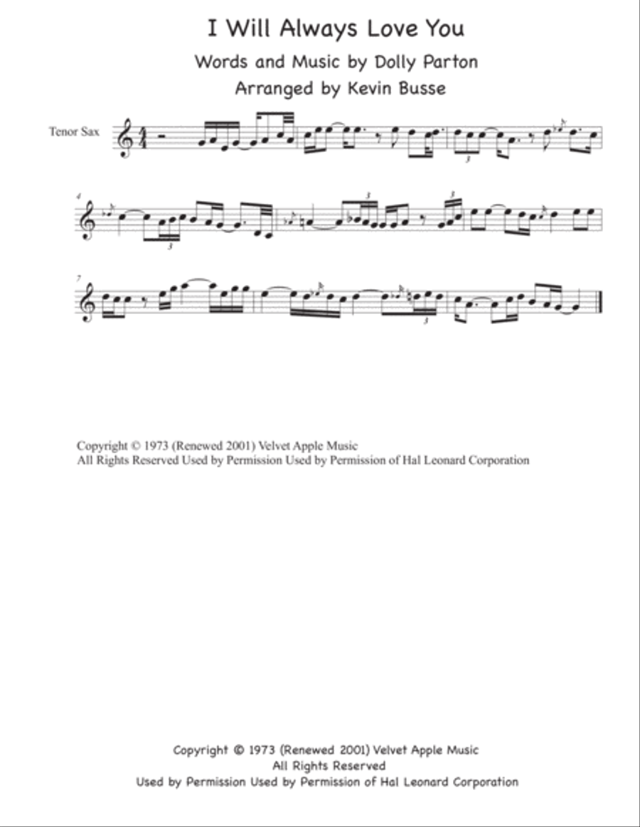 I Will Always Love You Tenor Saxophone scores gallery preview page 1