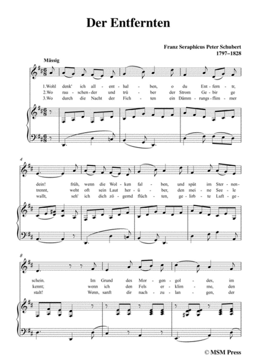 Schubert-Der Entfernten,in D Major,for Voice&Piano image number null