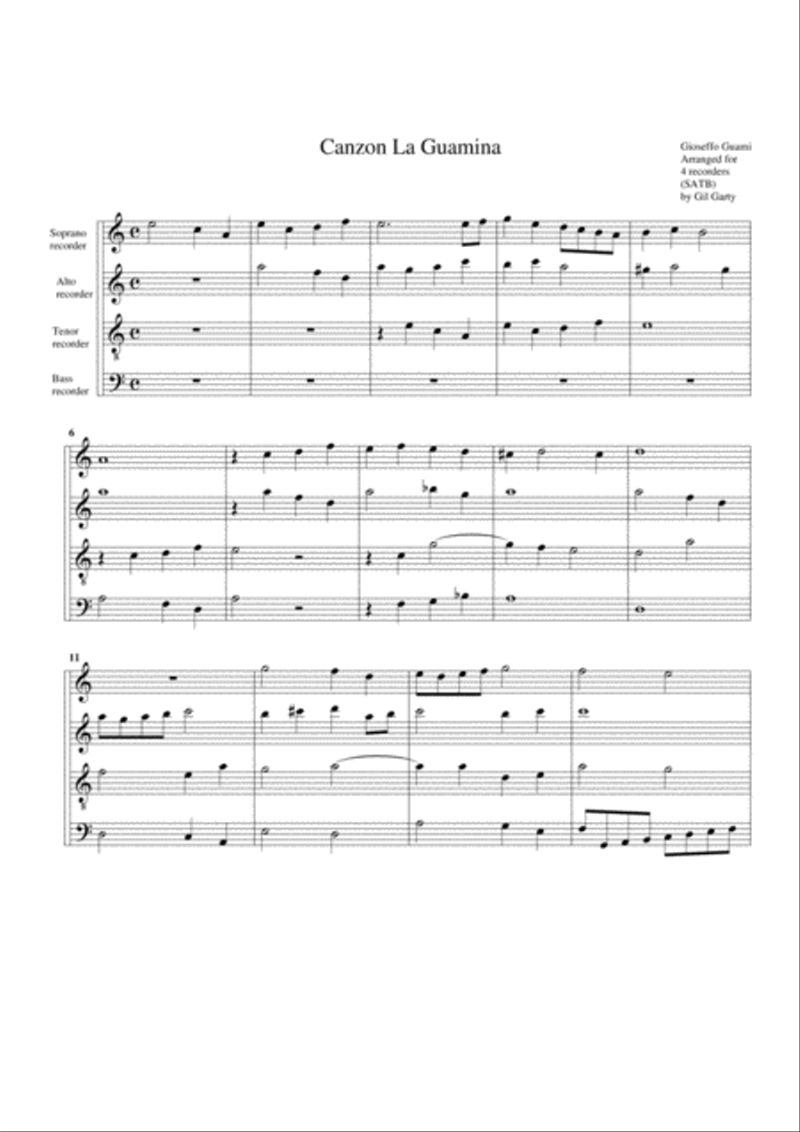 Canzon La Guamina (arrangement for 4 recorders) Recorder scores gallery preview page 1