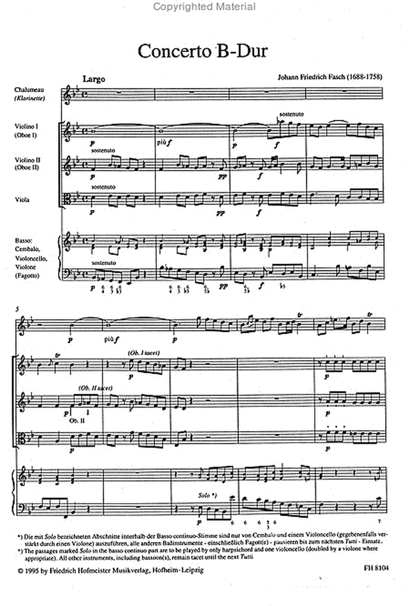 Concertino B-Dur fur Chalumeau (Klarinette), Streicher und Basso Continuo / Part