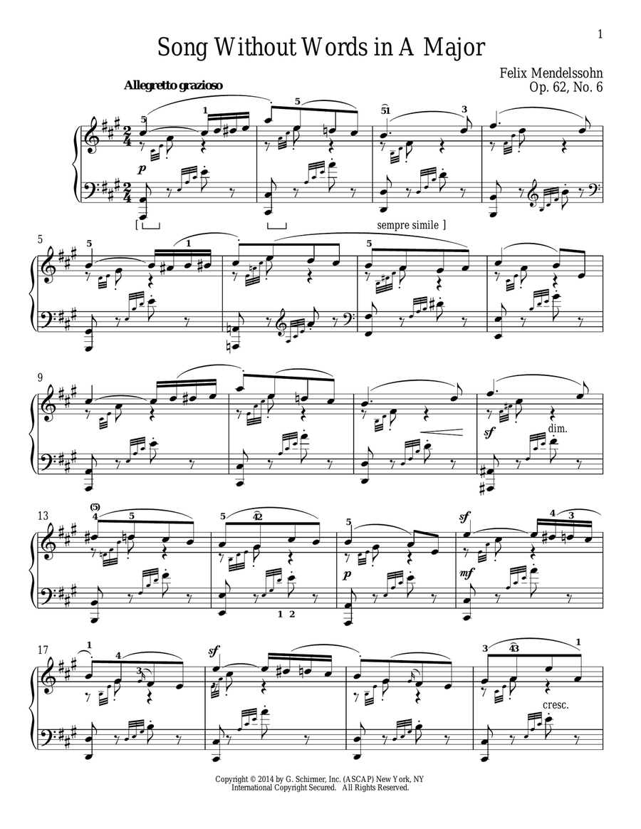 Song Without Words In A Major, Op. 62, No. 6 Piano Solo scores gallery preview page 1
