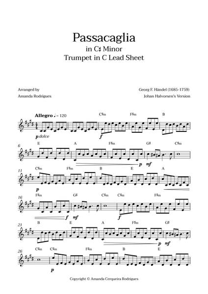 Passacaglia - Easy Trumpet in C Lead Sheet in C#m Minor (Johan Halvorsen's Version) image number null