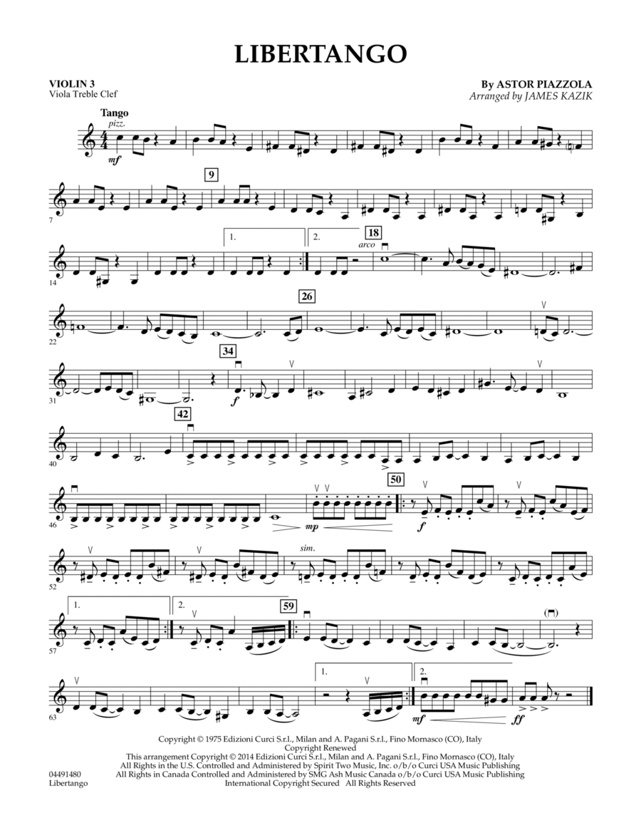 Libertango - Violin 3 (Viola Treble Clef) Viola scores gallery preview page 1