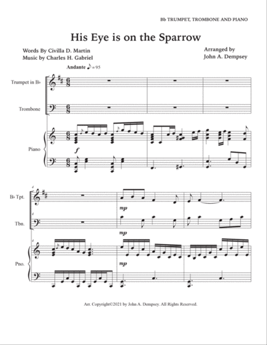 His Eye is on the Sparrow (Trio for Trumpet, Trombone and Piano) Brass Trio scores gallery preview page 5