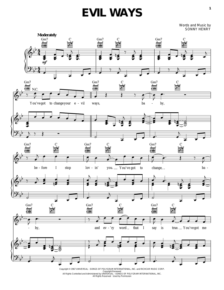 Evil Ways Evil Ways Piano, Vocal, Guitar scores gallery preview page 1