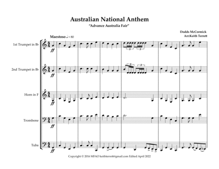 Australian National Anthem & Waltzing Matilda for Brass Quintet (MFAO World National Anthem Series) image number null