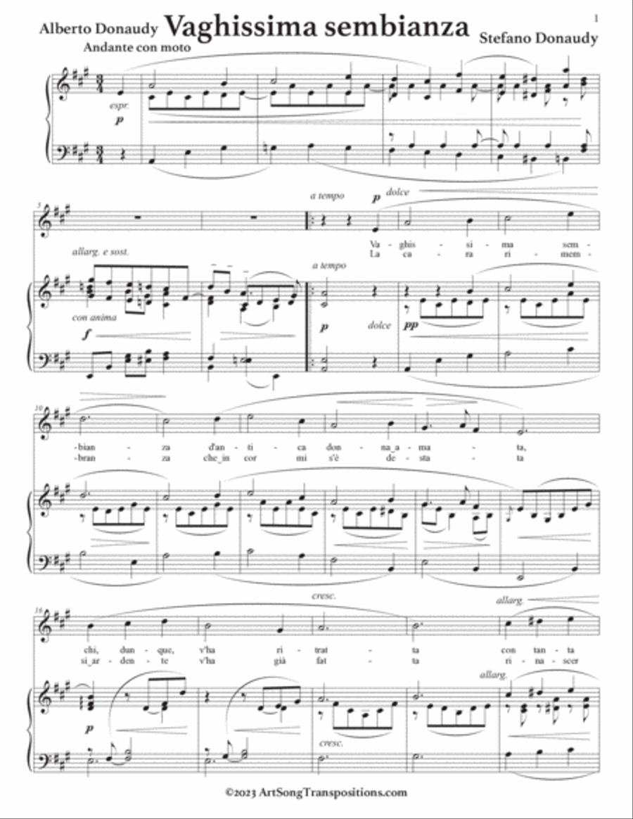 DONAUDY: Vaghissima sembianza (transposed to A major) Voice scores gallery preview page 2