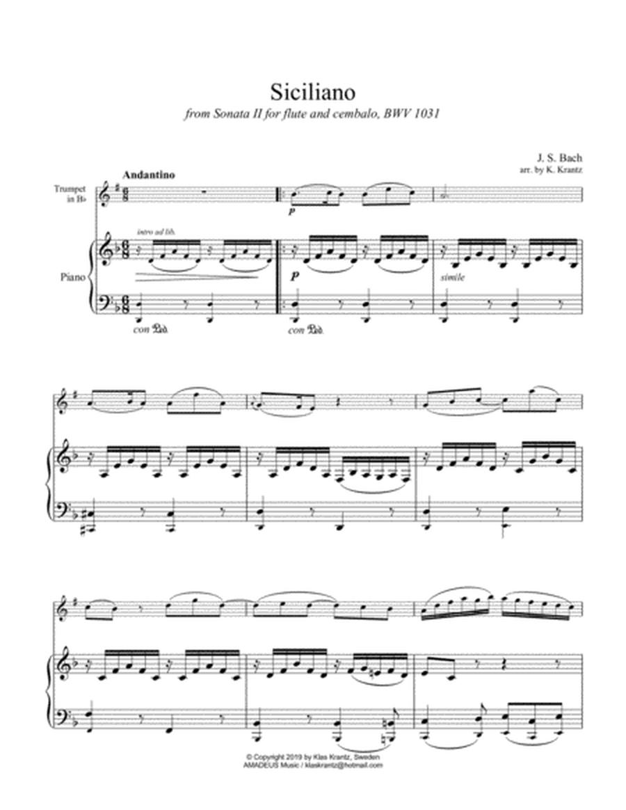 Siciliano BWV 1031 for trumpet in Bb and easy piano (D Minor) image number null