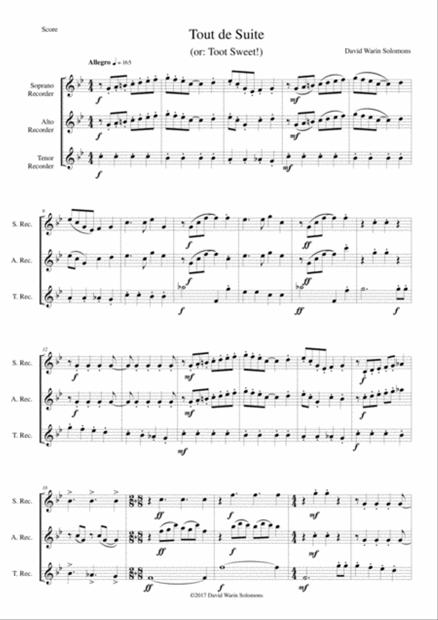 Tout de Suite (or Toot Sweet) for recorder trio Soprano Recorder scores gallery preview page 1