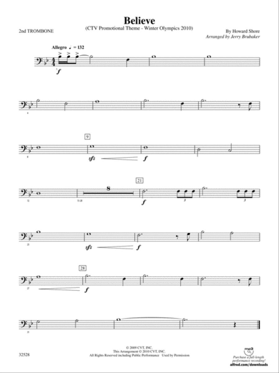 Believe (Winter Olympics 2010): 2nd Trombone Concert Band scores gallery preview page 1
