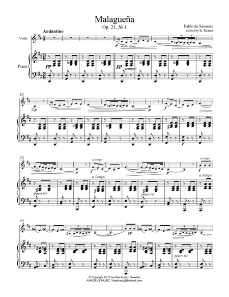 Malaguena Op. 21 No. 1 for violin and piano