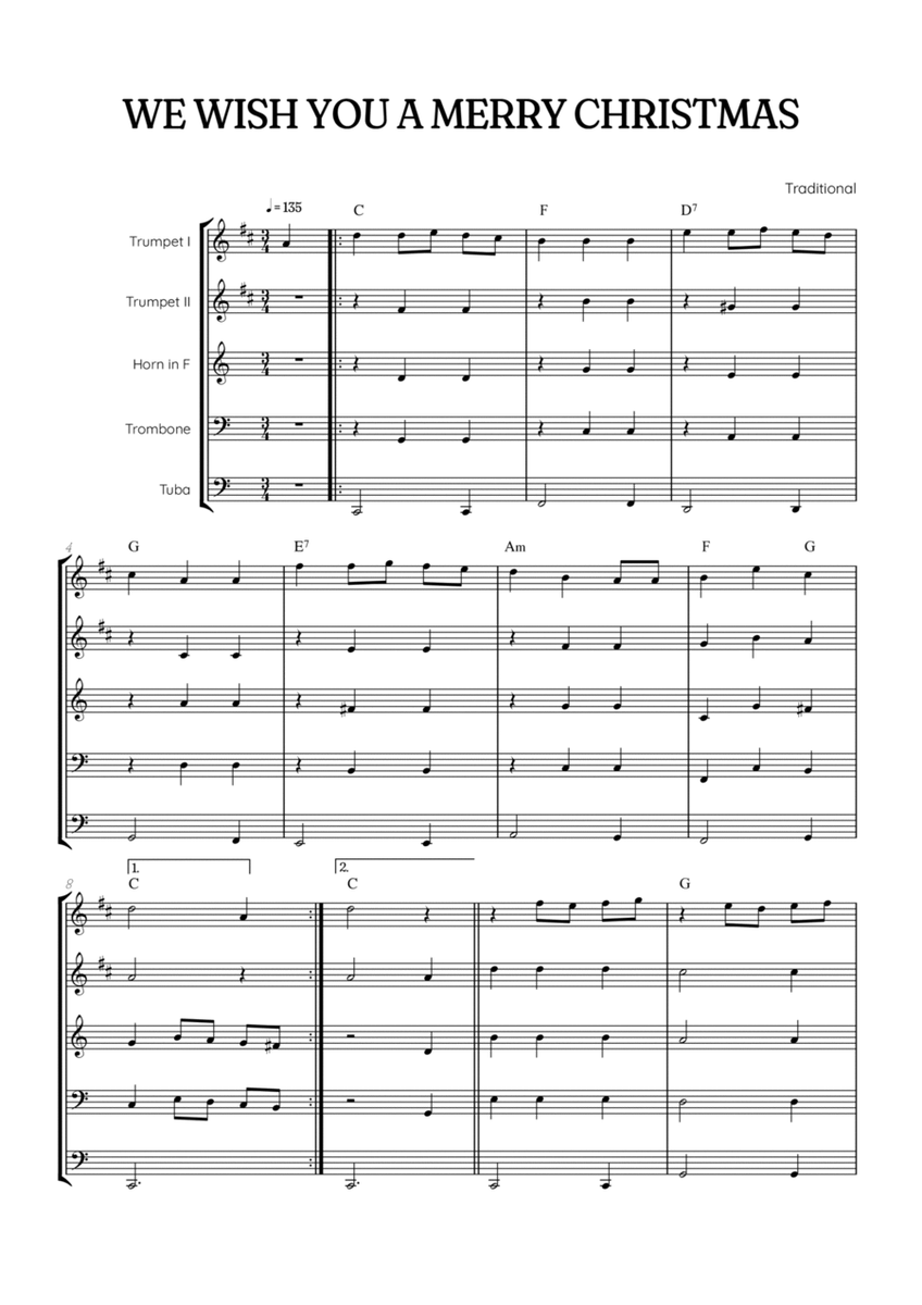 We Wish You a Merry Christmas for Brass Quintet • easy Christmas sheet music w/ chords image number null