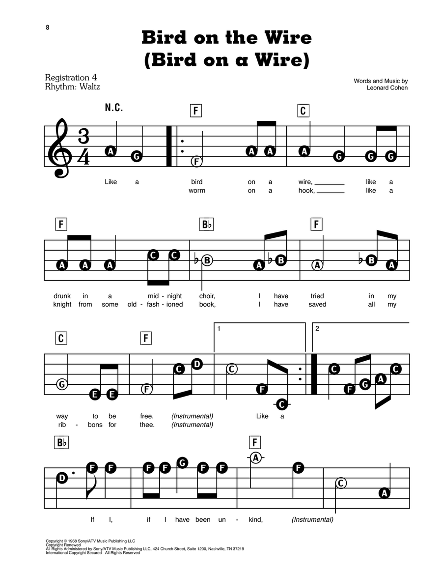 Bird On The Wire (Bird On A Wire) Electronic Keyboard scores gallery preview page 1