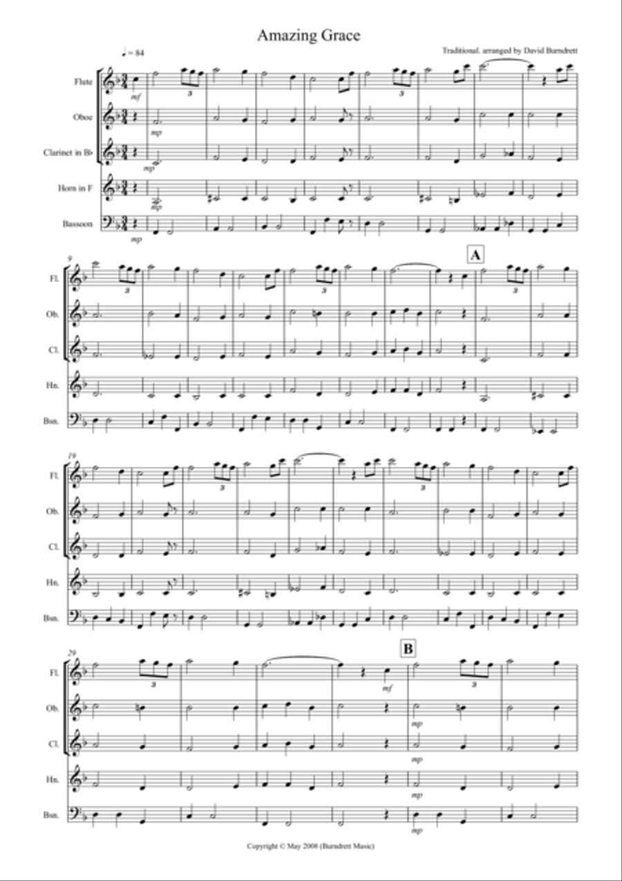 Amazing Grace for Wind Quintet Woodwind Quartet scores gallery preview page 1