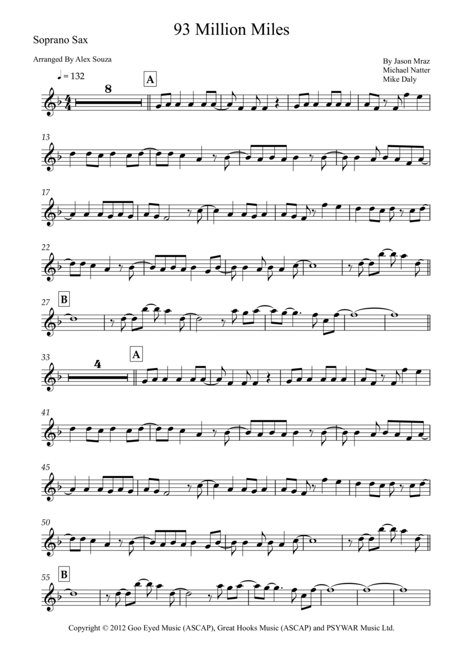 93 Million Miles 93 Million Miles Soprano Saxophone scores gallery preview page 1