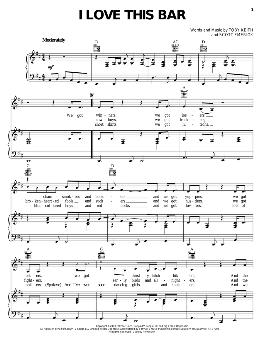 I Love This Bar I Love This Bar Piano, Vocal, Guitar scores gallery preview page 1