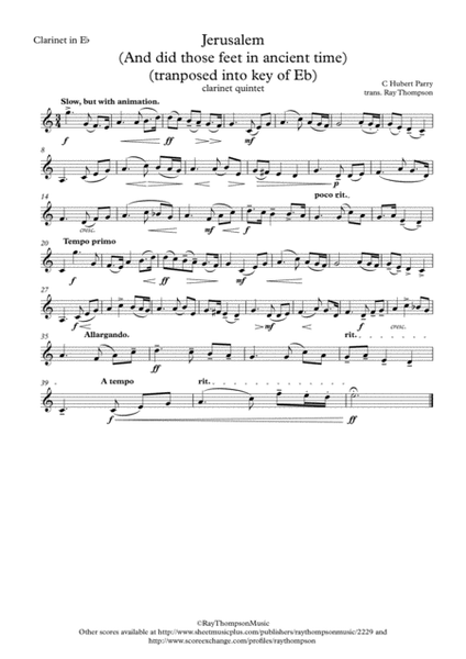 Parry: "Jerusalem" (And did those feet in ancient times) (trans into key of Eb) - clarinet quintet image number null