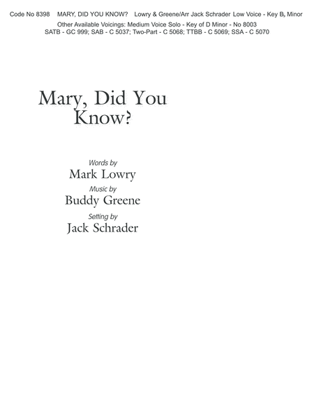 Mary, Did You Know? (Low Voice;Key of B-Flat Minor)-Digital Download by Buddy Greene Low Voice - Digital Sheet Music