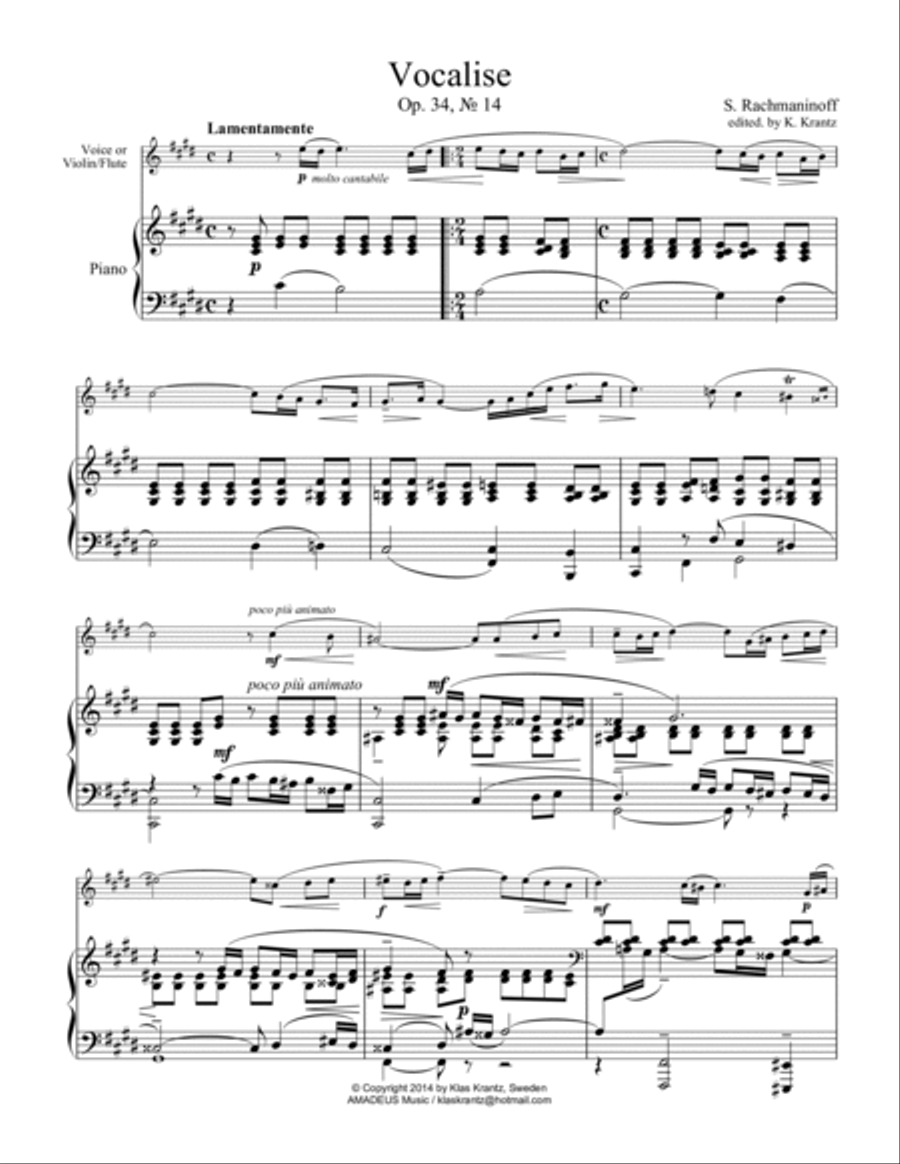 Vocalise Op. 34 for voice or violin/flute and piano (original key) Flute scores gallery preview page 2