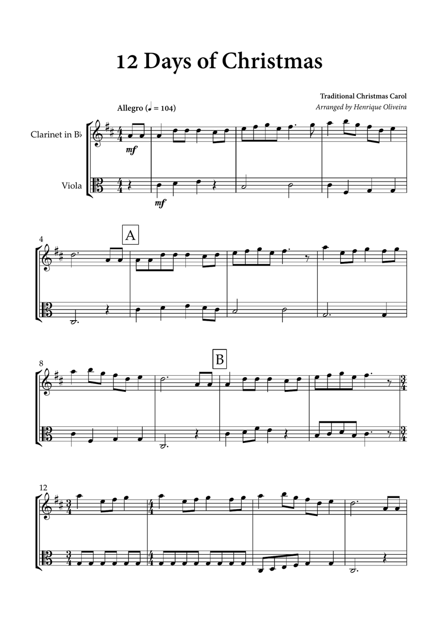 12 days of Christmas (Clarinet and Viola) - Christmas Carol B-Flat Clarinet scores gallery preview page 1