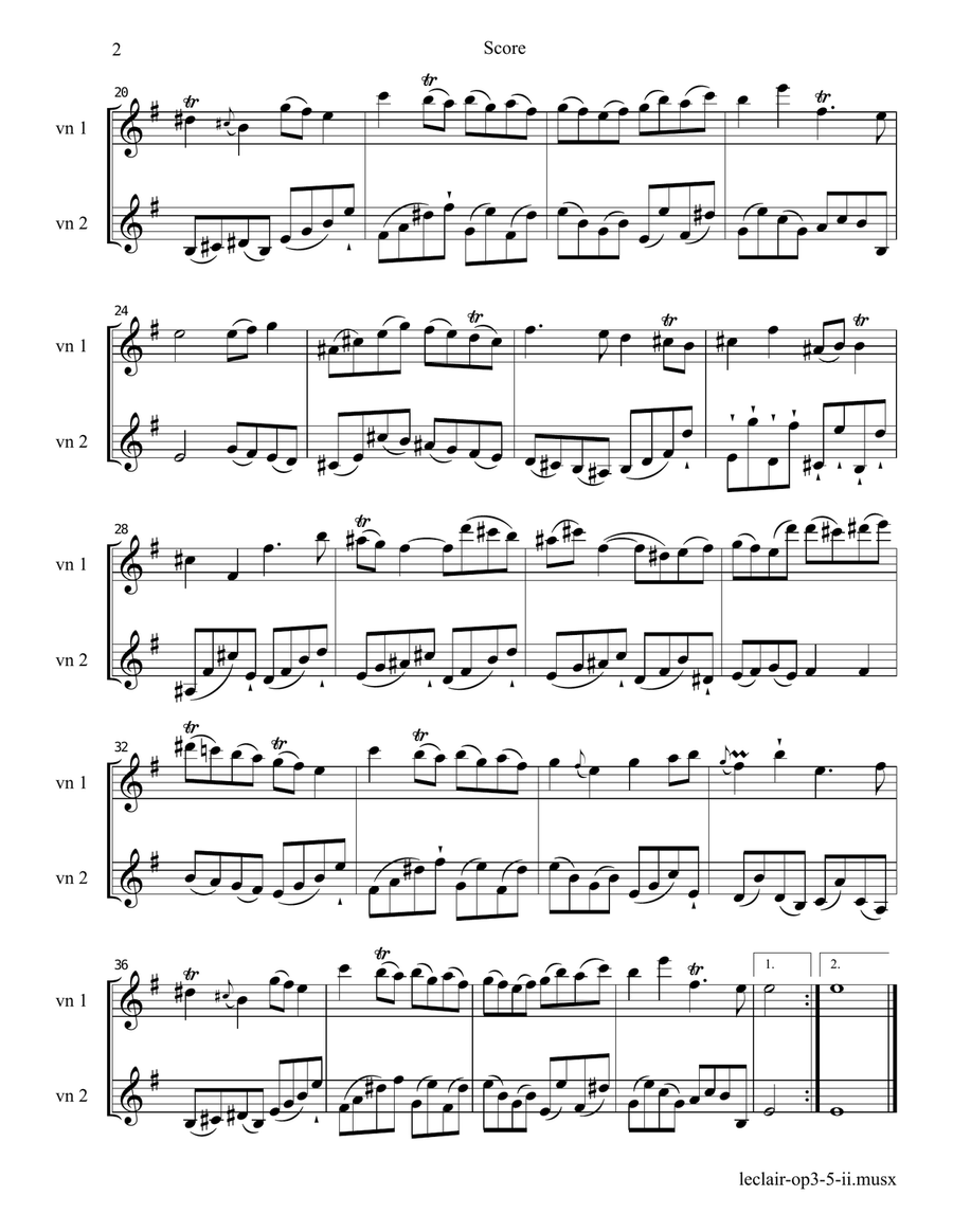Leclair: Sonata op. 3, Nr. 5 in e, Mvt 2; for 2 Violins (or Violin and Viola). String Duet scores gallery preview page 2