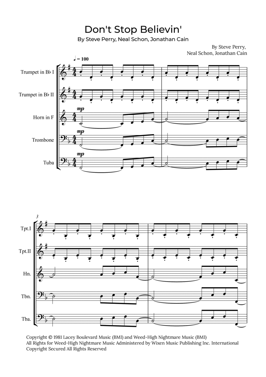 Don't Stop Believin' Brass Quintet scores gallery preview page 1