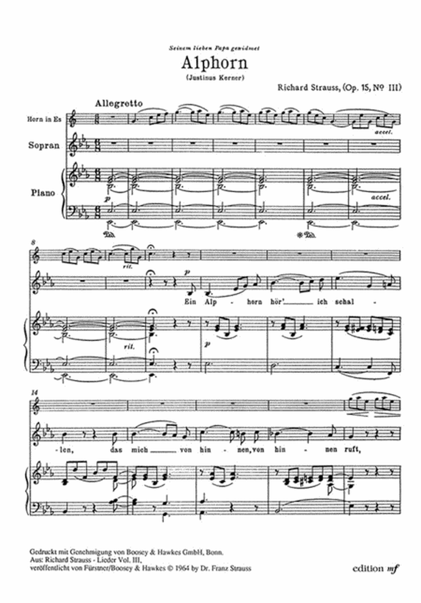 Alphorn für Sopran, Horn und Klavier op. 15,3 (1876)