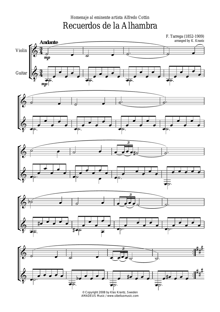 Recuerdos de la Alhambra (A Minor) for violin and guitar String Duet scores gallery preview page 2