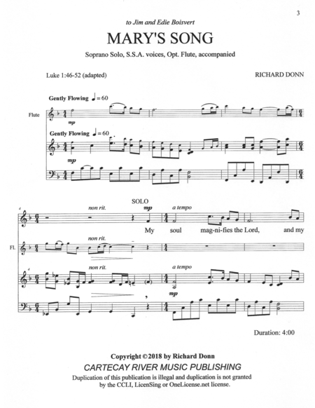 MARY'S SONG (SSA, Sop. solo, opt. flute) image number null