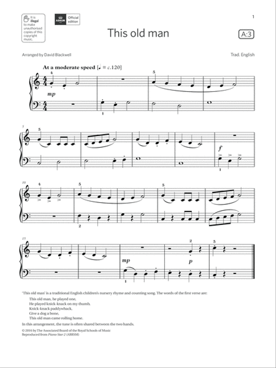 This old man (Grade Initial, list A3, from the ABRSM Piano Syllabus 2021 & 2022) Piano Method scores gallery preview page 1