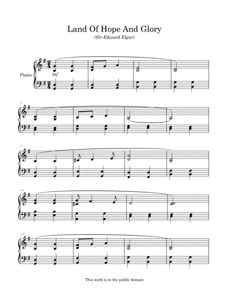 Land Of Hope And Glory arranged for easy/intermediate piano image number null