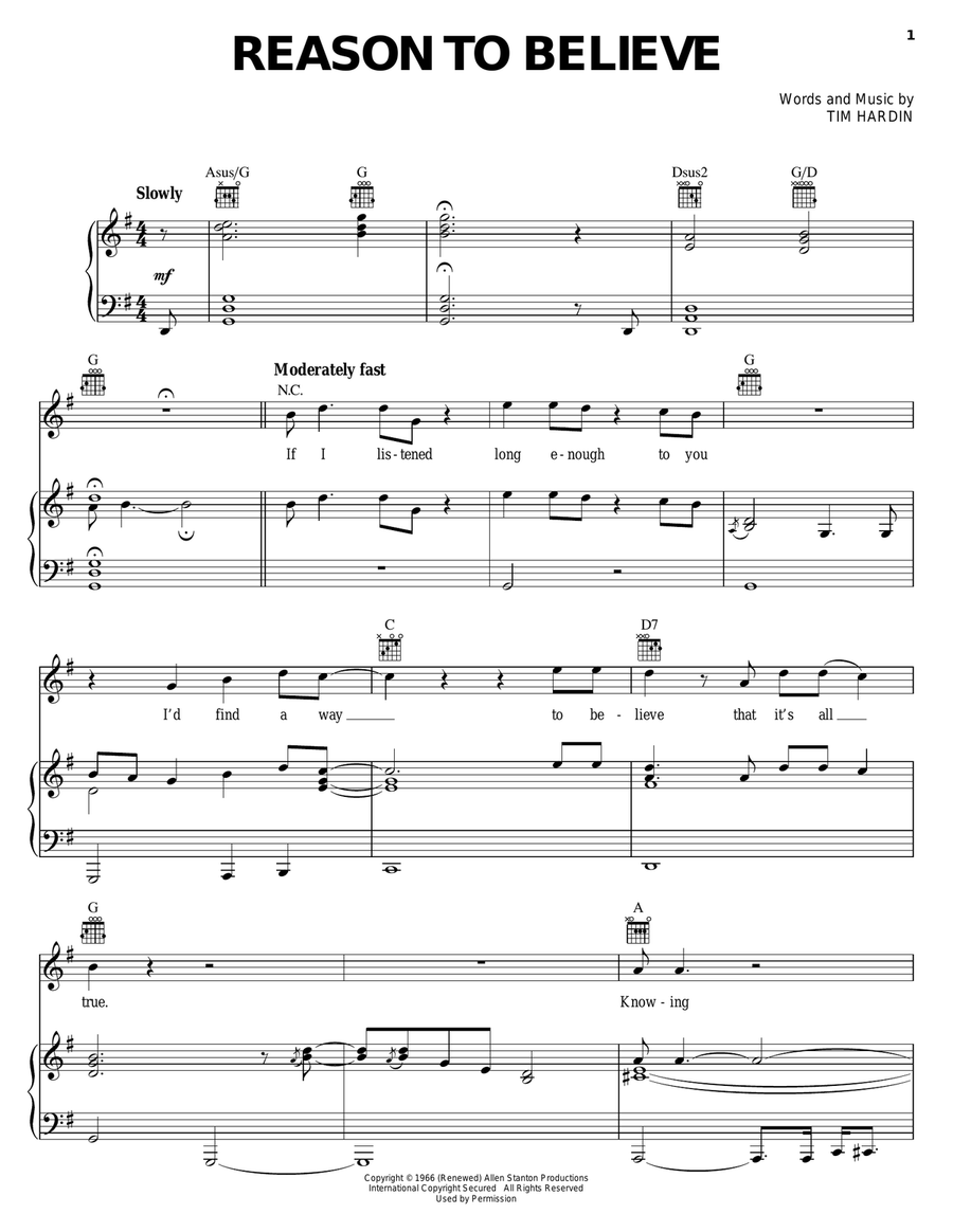 Reason To Believe Piano, Vocal, Guitar scores gallery preview page 1