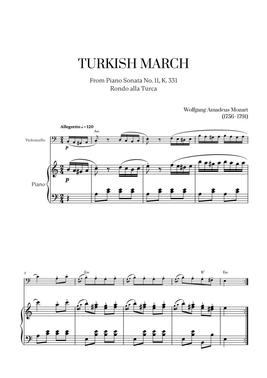 W. A. Mozart - Turkish March (Alla Turca) for Cello and Piano Piano scores gallery preview page 1