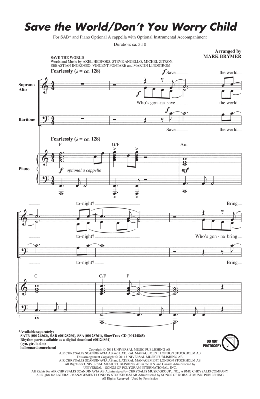 Save The World/Don't You Worry Child 3-Part scores gallery preview page 1