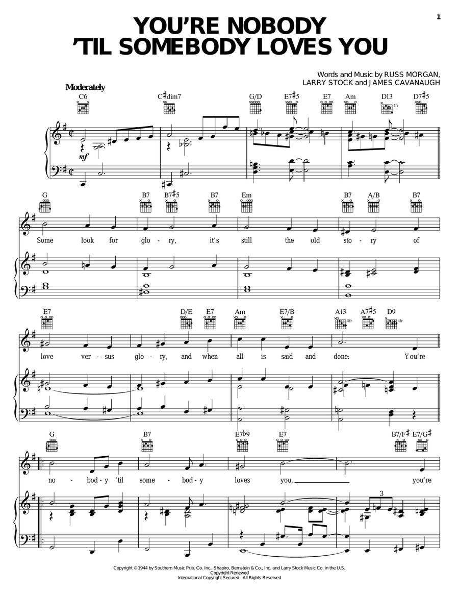 You're Nobody 'Til Somebody Loves You Piano, Vocal, Guitar scores gallery preview page 1
