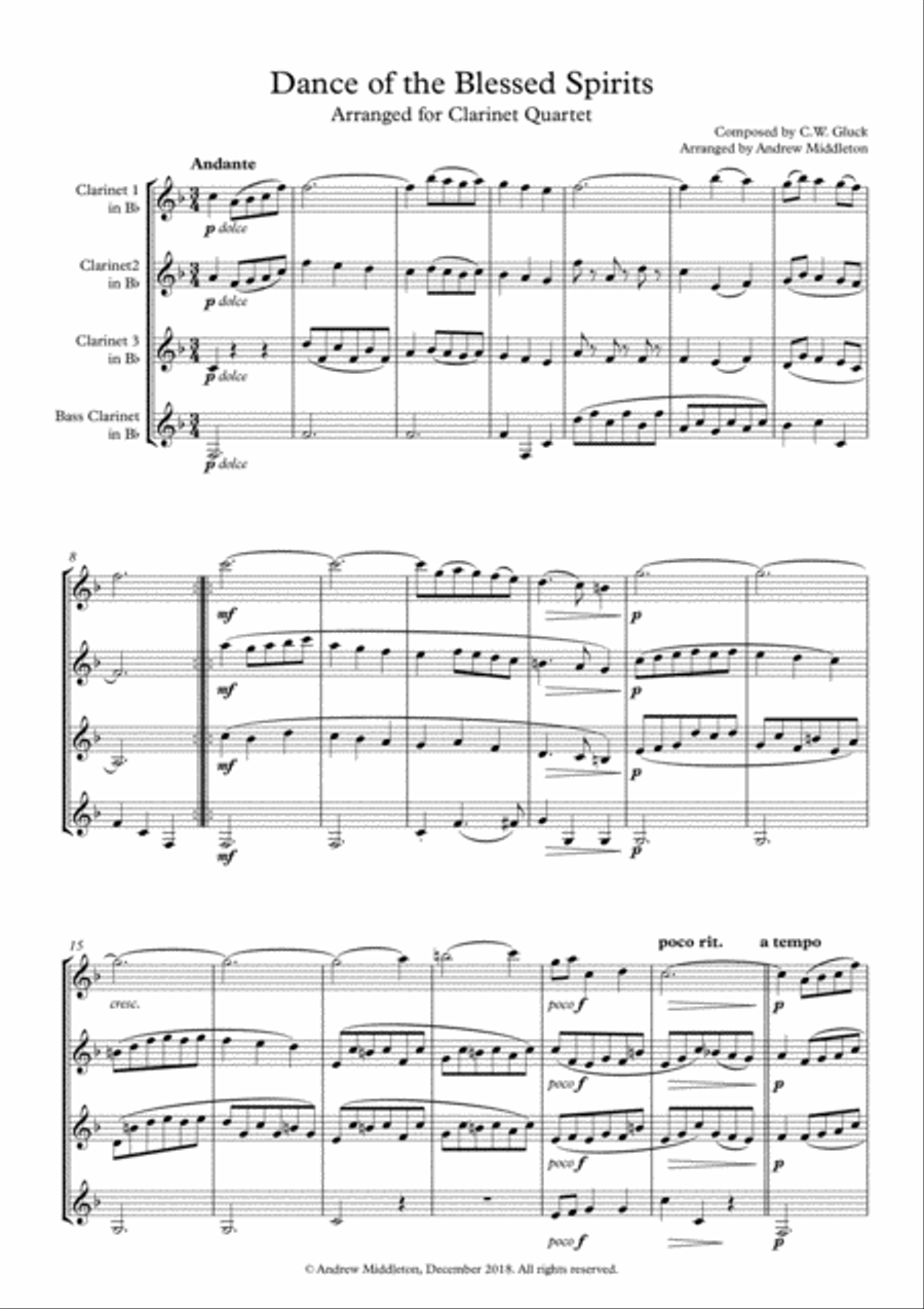 Dance of the Blessed Spirits arranged for Clarinet Quartet Clarinet Quartet scores gallery preview page 3
