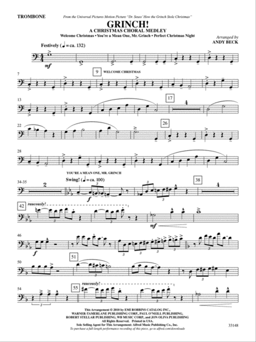 Grinch! A Christmas Choral Medley (from the motion picture Dr. Seuss' How the Grinch Stole Christmas): 1st Trombone Part scores gallery preview page 1