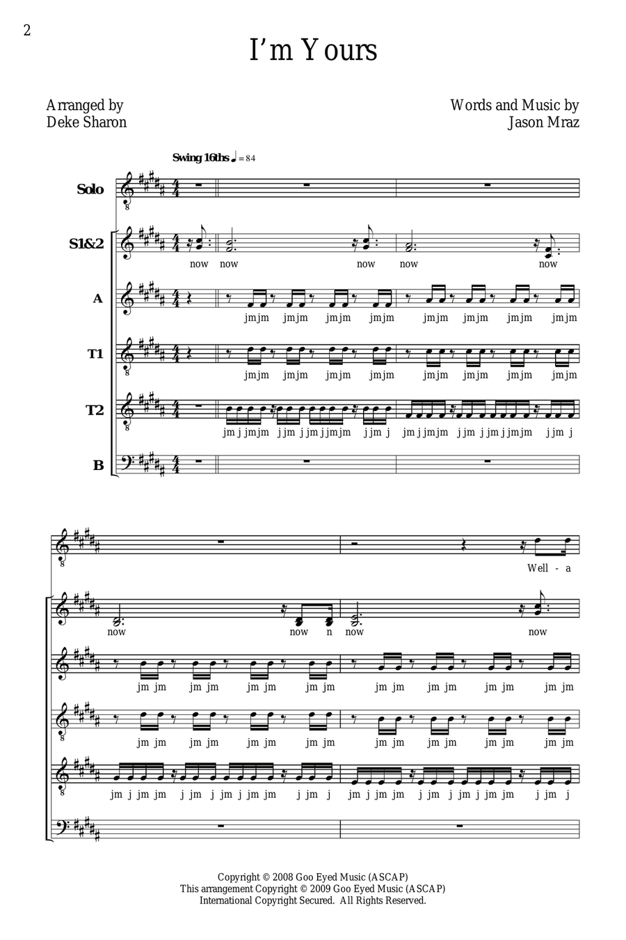 I'm Yours (arr. Deke Sharon) 4-Part scores gallery preview page 1